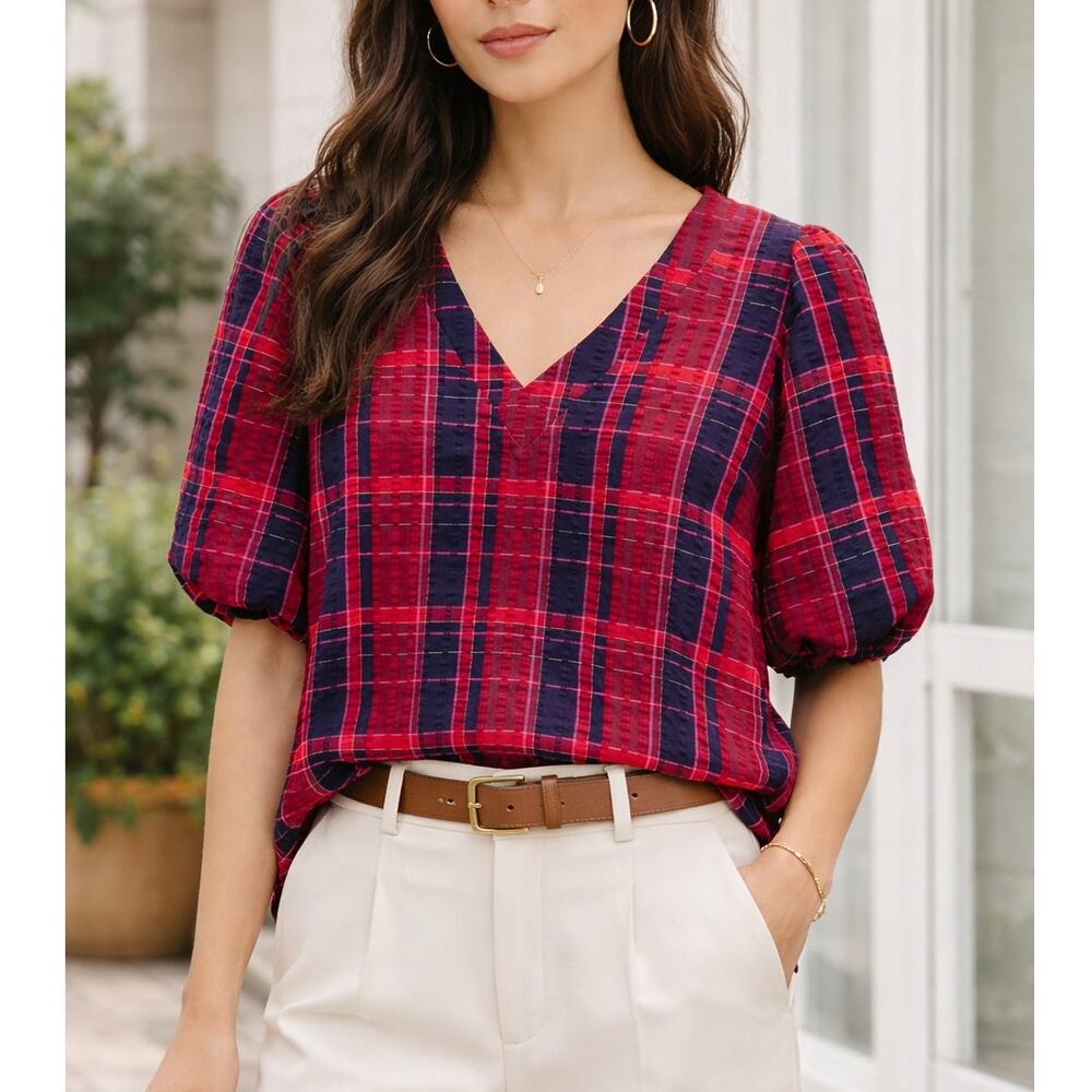 LOFT Plaid Textured Blouse Women’s Medium Red Navy V-Neck Puff Sleeve Top